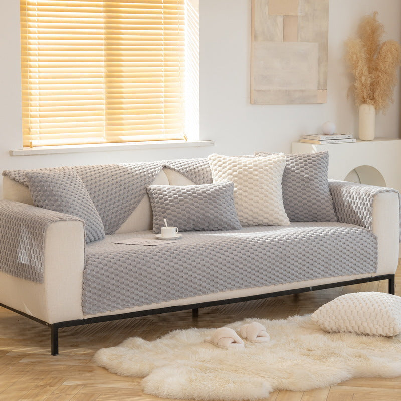 Luxury 3D Honeycomb Plush Sofa Cushion – Non-Slip Thickened Winter Couch Protector