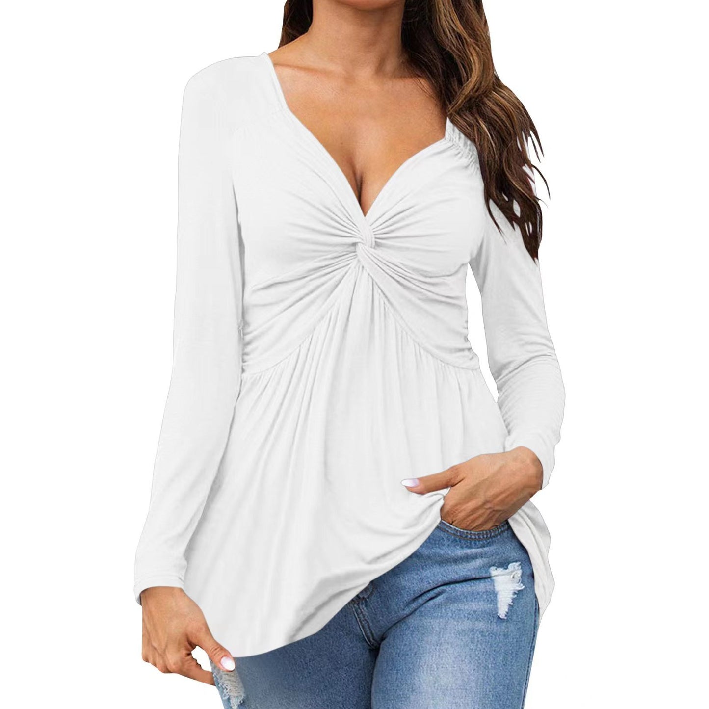 The Sculpted Muse | Front-Knot V-Neck Long Sleeve Peplum Top