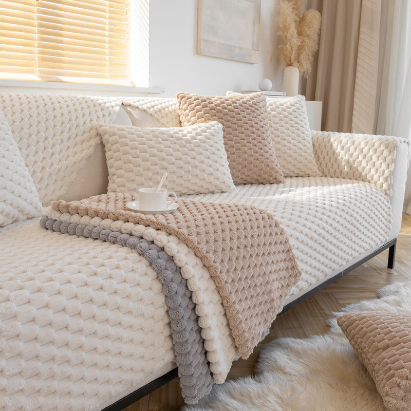 Luxury 3D Honeycomb Plush Sofa Cushion – Non-Slip Thickened Winter Couch Protector