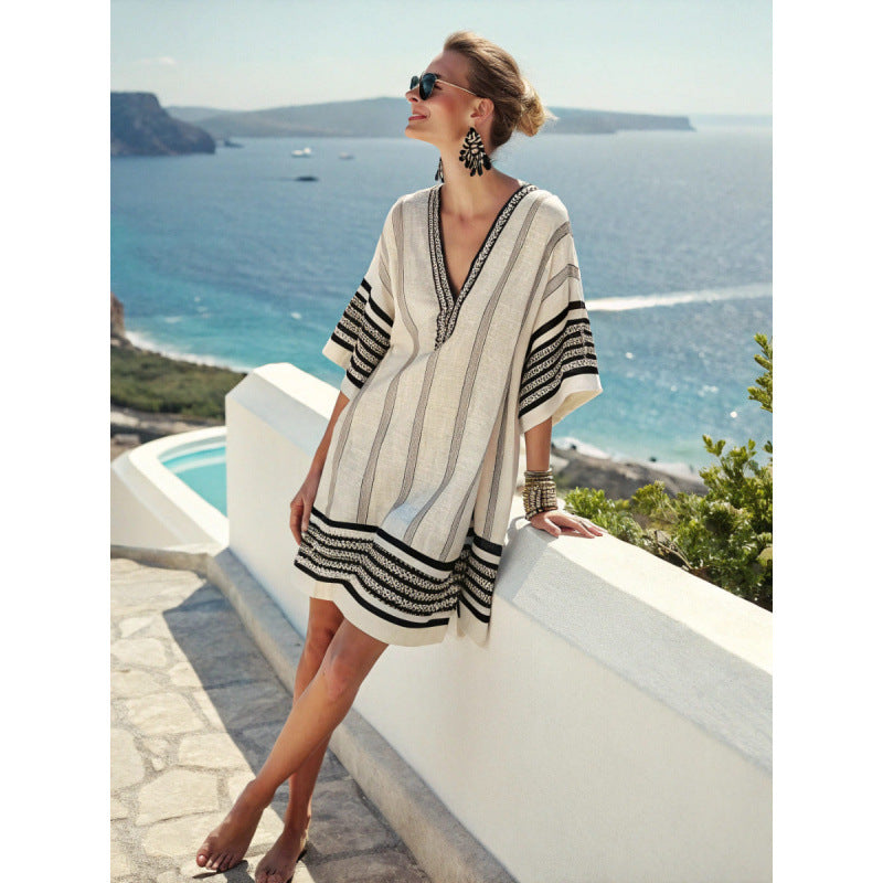 Santorini Escape | Geometric Embroidered V-Neck Resort Midi Dress