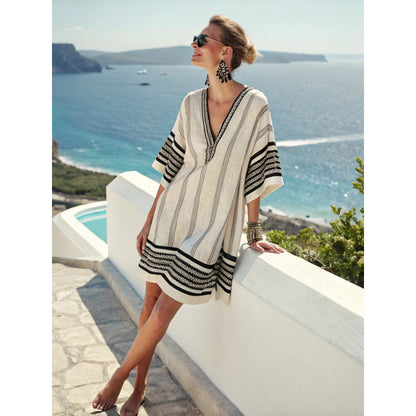 Santorini Escape | Geometric Embroidered V-Neck Resort Midi Dress