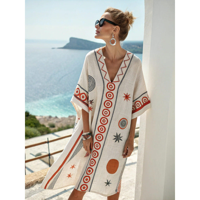 Santorini Escape | Geometric Embroidered V-Neck Resort Midi Dress