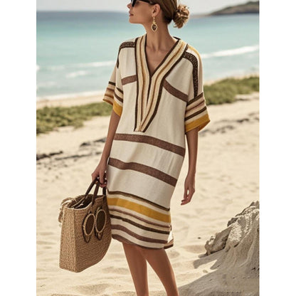 Santorini Escape | Geometric Embroidered V-Neck Resort Midi Dress