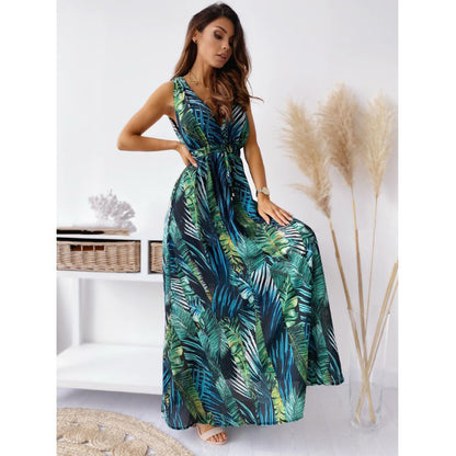 Riviera | Botanical V-Neck Backless Tie-Waist Maxi Gown