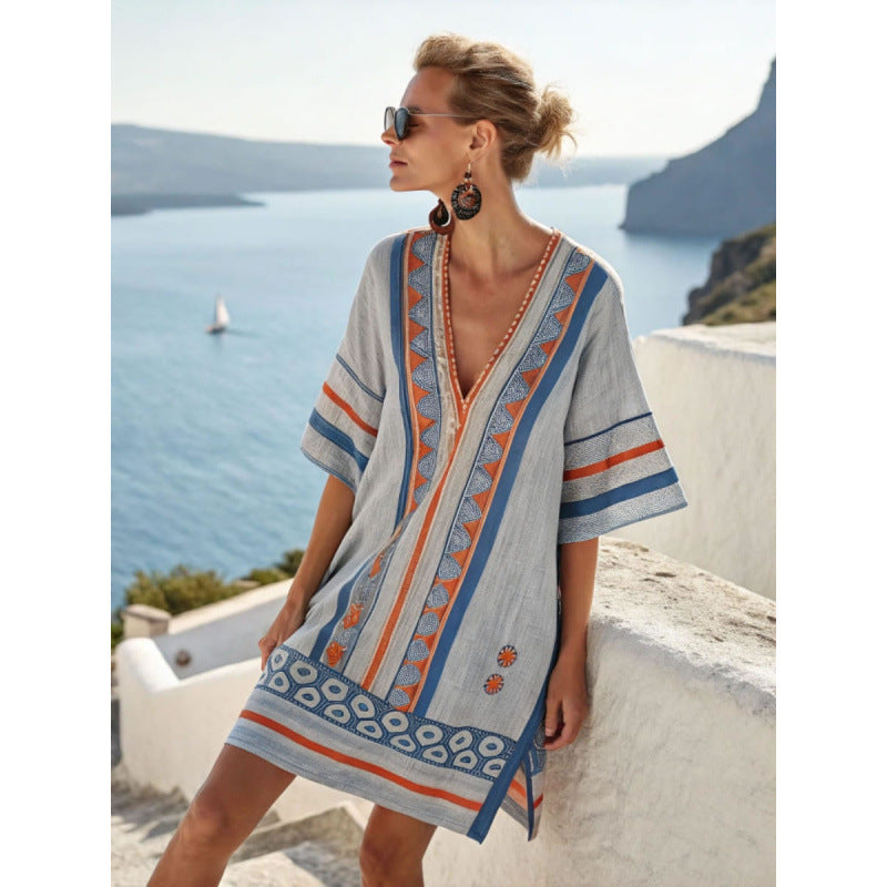 Santorini Escape | Geometric Embroidered V-Neck Resort Midi Dress