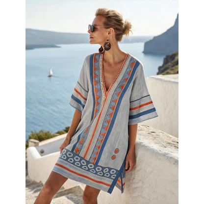 Santorini Escape | Geometric Embroidered V-Neck Resort Midi Dress