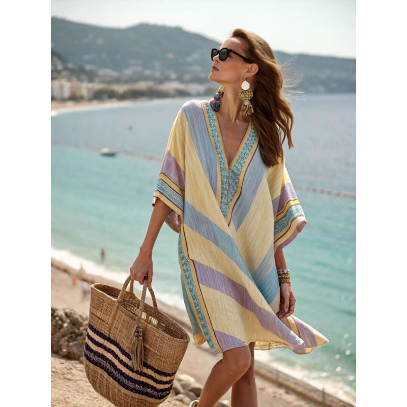 Santorini Escape | Geometric Embroidered V-Neck Resort Midi Dress