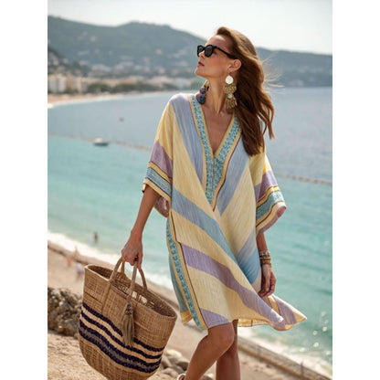 Santorini Escape | Geometric Embroidered V-Neck Resort Midi Dress