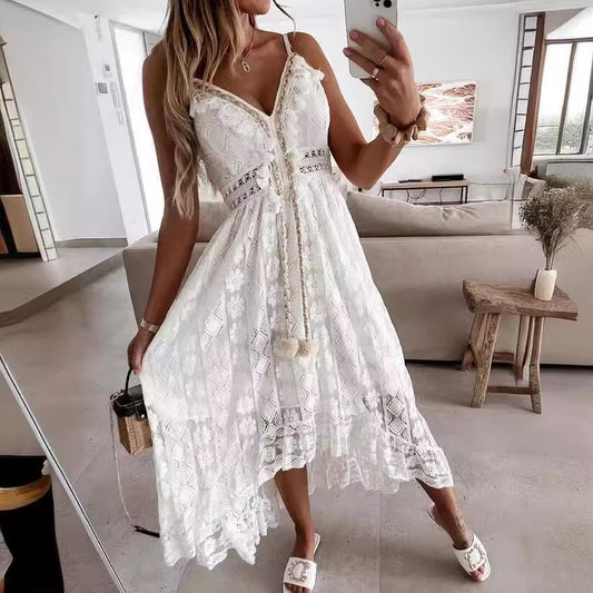 Bohemian Solstice | Strappy Lace Full Skirt Solid Color Maxi Dress