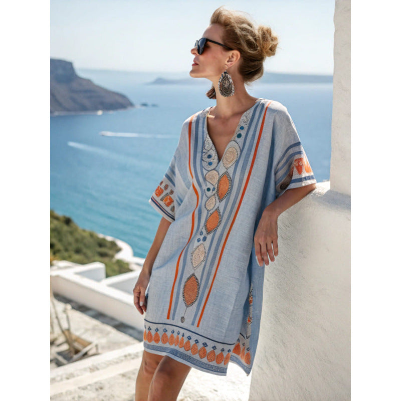 Santorini Escape | Geometric Embroidered V-Neck Resort Midi Dress