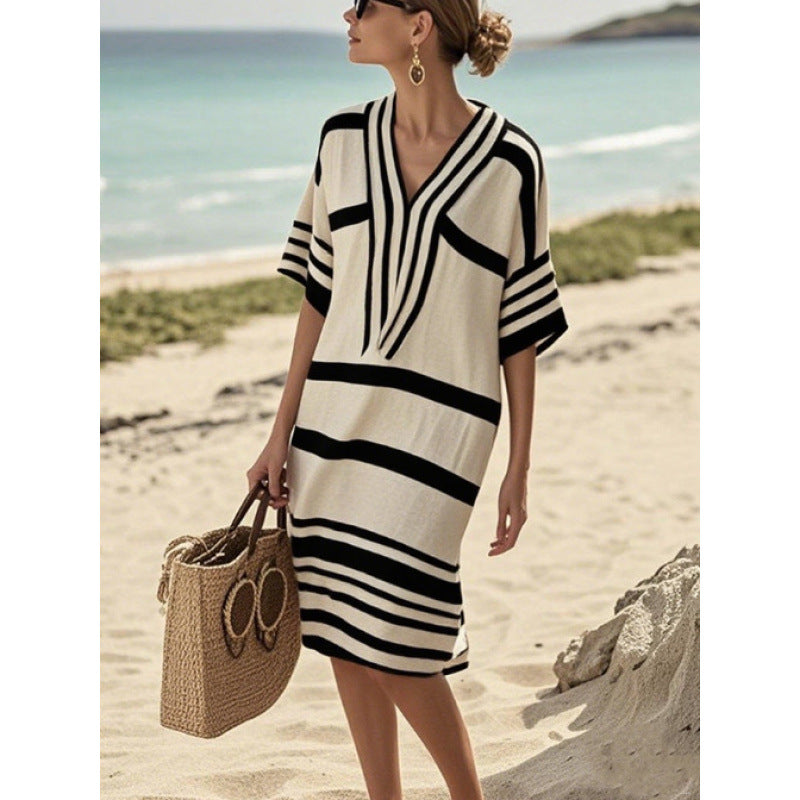 Santorini Escape | Geometric Embroidered V-Neck Resort Midi Dress