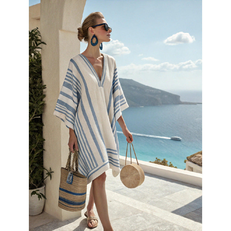 Santorini Escape | Geometric Embroidered V-Neck Resort Midi Dress