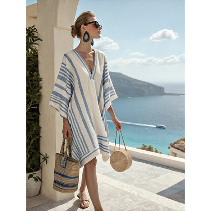 Santorini Escape | Geometric Embroidered V-Neck Resort Midi Dress