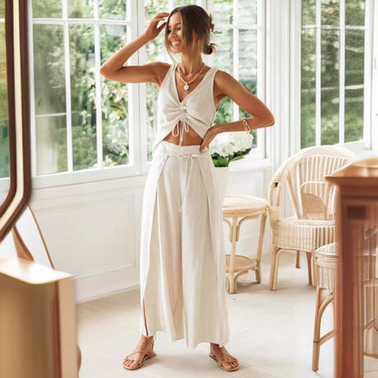 Azure Coastal | Drawstring Crop Top & Wide-Leg Slit Pant Set