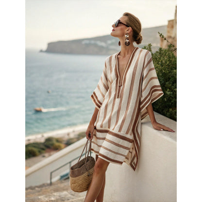 Santorini Escape | Geometric Embroidered V-Neck Resort Midi Dress