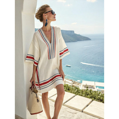 Santorini Escape | Geometric Embroidered V-Neck Resort Midi Dress