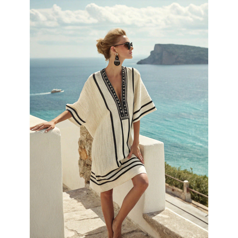Santorini Escape | Geometric Embroidered V-Neck Resort Midi Dress