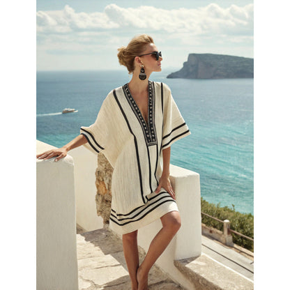 Santorini Escape | Geometric Embroidered V-Neck Resort Midi Dress
