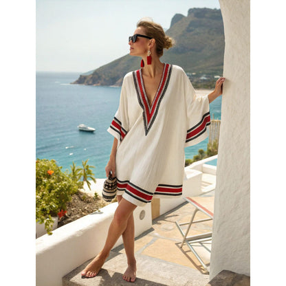 Santorini Escape | Geometric Embroidered V-Neck Resort Midi Dress