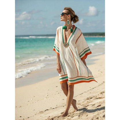 Santorini Escape | Geometric Embroidered V-Neck Resort Midi Dress
