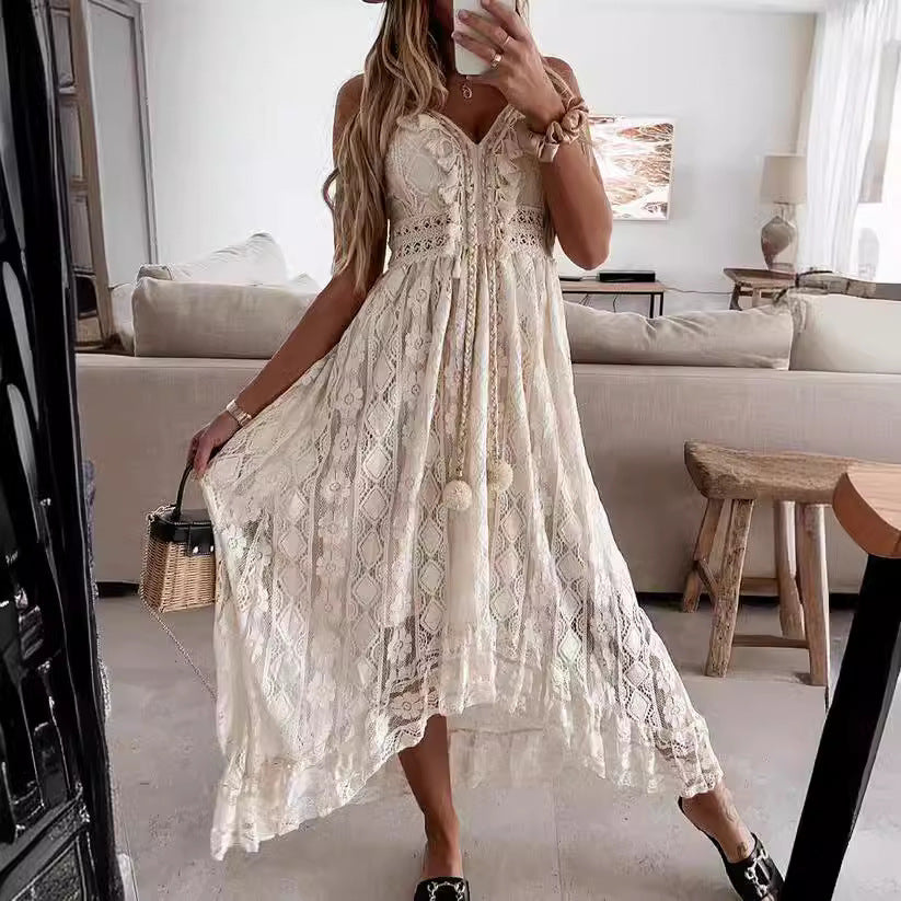 Bohemian Solstice | Strappy Lace Full Skirt Solid Color Maxi Dress