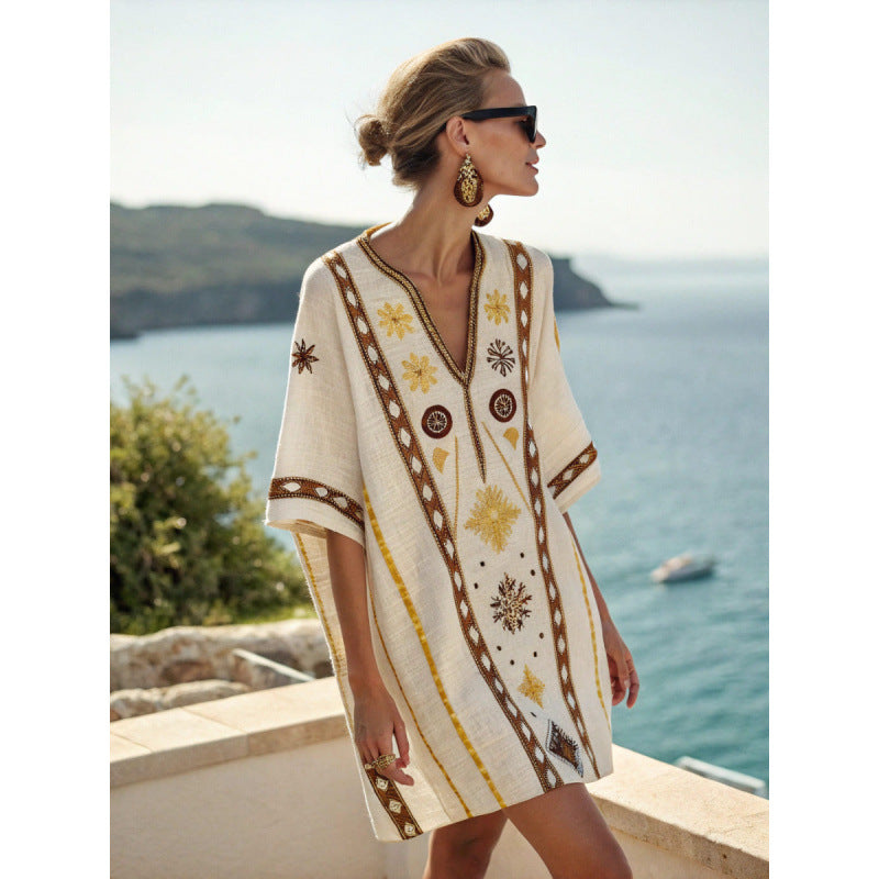 Santorini Escape | Geometric Embroidered V-Neck Resort Midi Dress