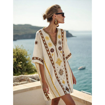 Santorini Escape | Geometric Embroidered V-Neck Resort Midi Dress