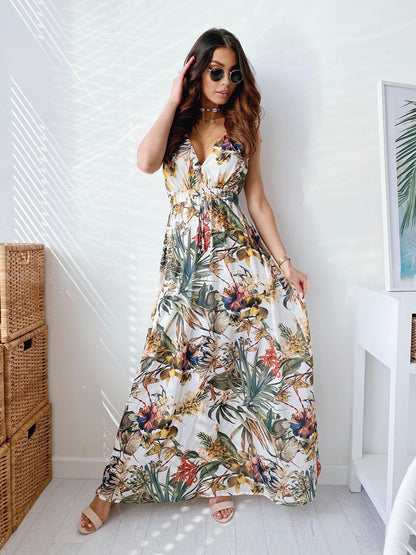 Riviera | Botanical V-Neck Backless Tie-Waist Maxi Gown