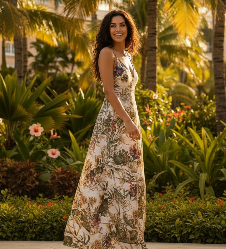 Riviera | Botanical V-Neck Backless Tie-Waist Maxi Gown