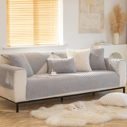 Luxury 3D Honeycomb Plush Sofa Cushion – Non-Slip Thickened Winter Couch Protector