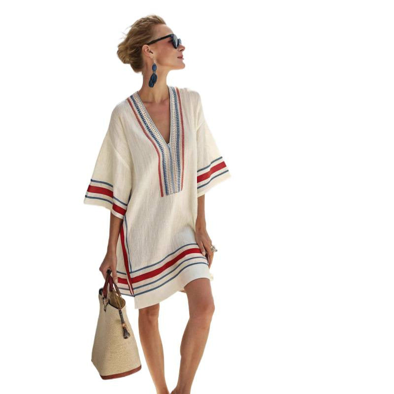 Santorini Escape | Geometric Embroidered V-Neck Resort Midi Dress