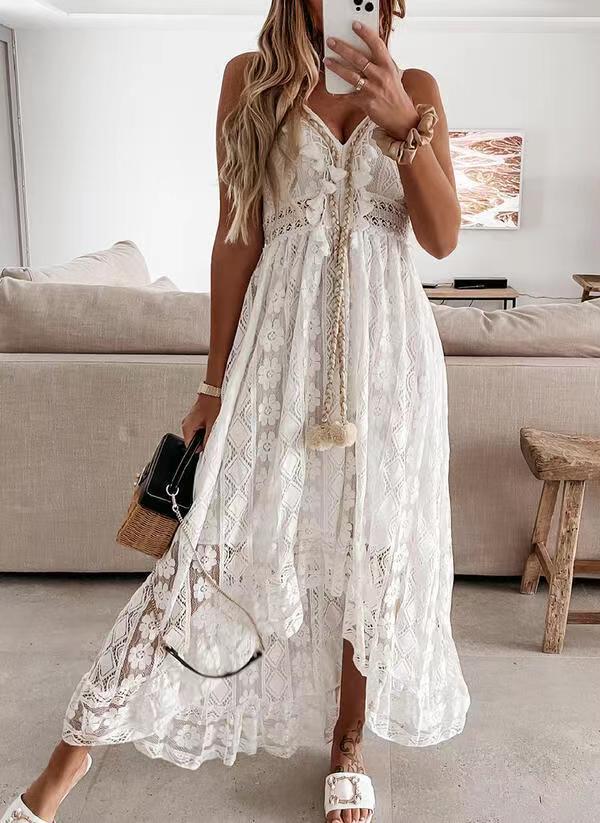 Bohemian Solstice | Strappy Lace Full Skirt Solid Color Maxi Dress