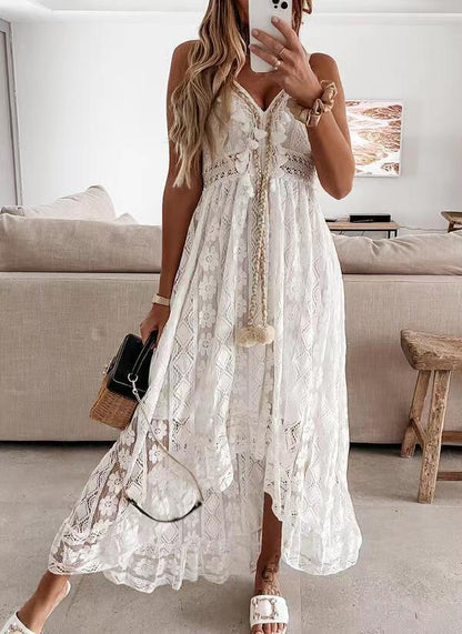 Bohemian Solstice | Strappy Lace Full Skirt Solid Color Maxi Dress