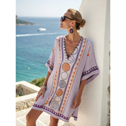 Santorini Escape | Geometric Embroidered V-Neck Resort Midi Dress