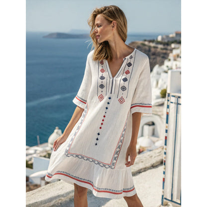Santorini Escape | Geometric Embroidered V-Neck Resort Midi Dress