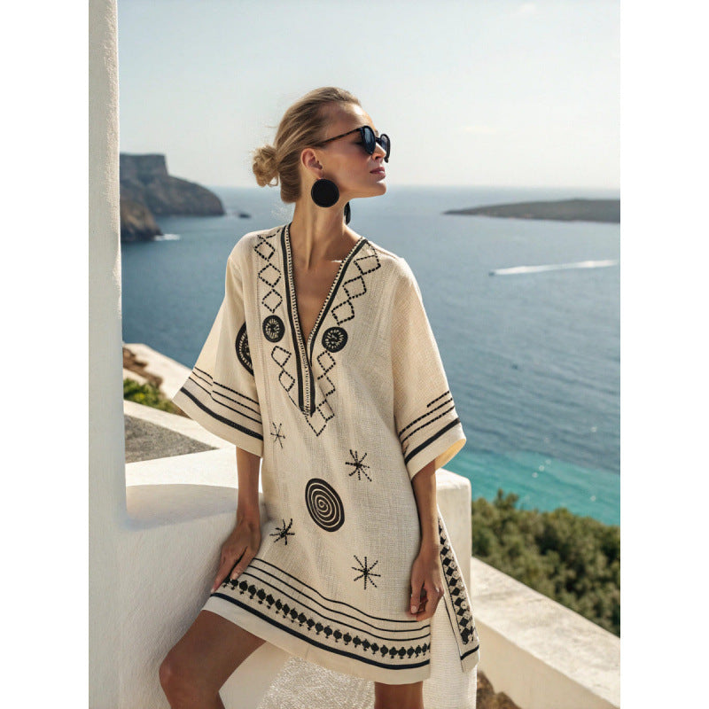 Santorini Escape | Geometric Embroidered V-Neck Resort Midi Dress
