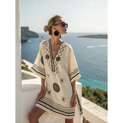 Santorini Escape | Geometric Embroidered V-Neck Resort Midi Dress