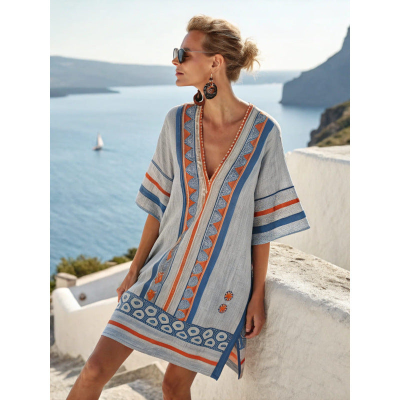 Santorini Escape | Geometric Embroidered V-Neck Resort Midi Dress