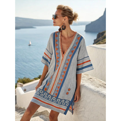 Santorini Escape | Geometric Embroidered V-Neck Resort Midi Dress