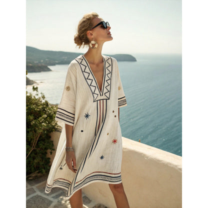 Santorini Escape | Geometric Embroidered V-Neck Resort Midi Dress