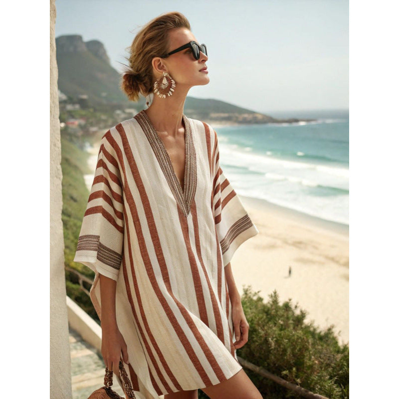 Santorini Escape | Geometric Embroidered V-Neck Resort Midi Dress