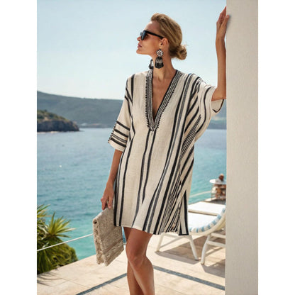 Santorini Escape | Geometric Embroidered V-Neck Resort Midi Dress