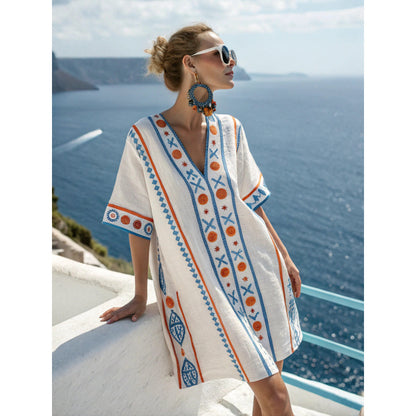 Santorini Escape | Geometric Embroidered V-Neck Resort Midi Dress