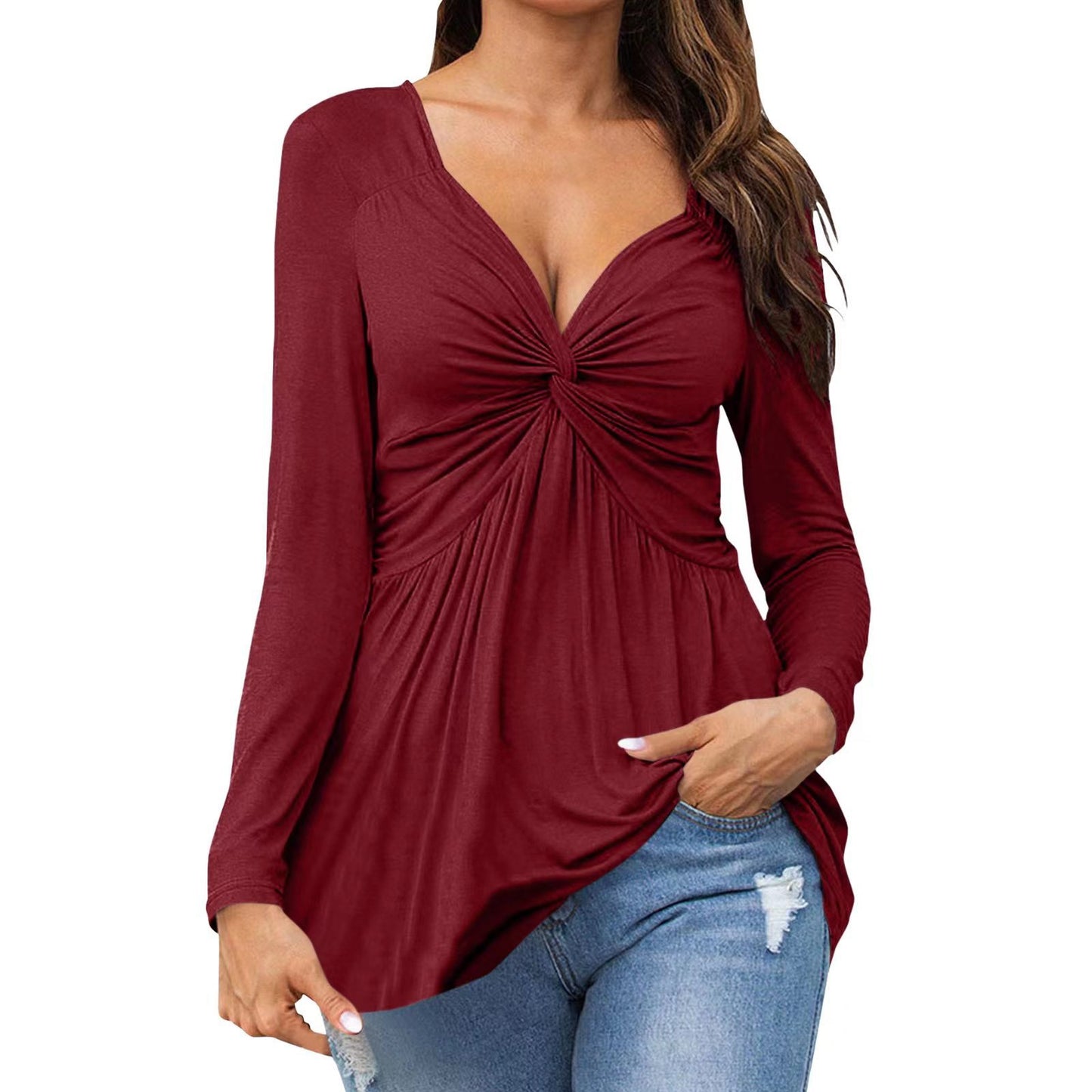 The Sculpted Muse | Front-Knot V-Neck Long Sleeve Peplum Top