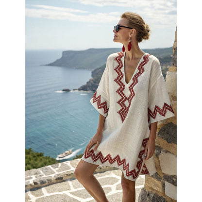 Santorini Escape | Geometric Embroidered V-Neck Resort Midi Dress