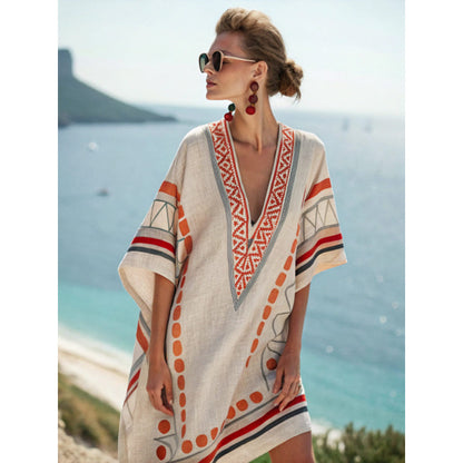 Santorini Escape | Geometric Embroidered V-Neck Resort Midi Dress