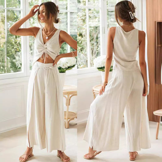 Azure Coastal | Drawstring Crop Top & Wide-Leg Slit Pant Set