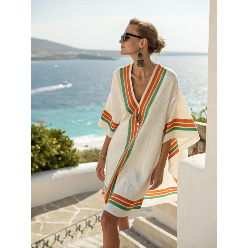 Santorini Escape | Geometric Embroidered V-Neck Resort Midi Dress