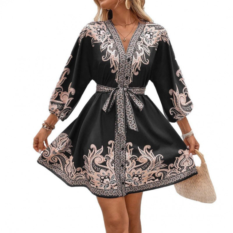 Imperial Muse | Baroque-Print V-Neck Tie-Waist Mini Dress