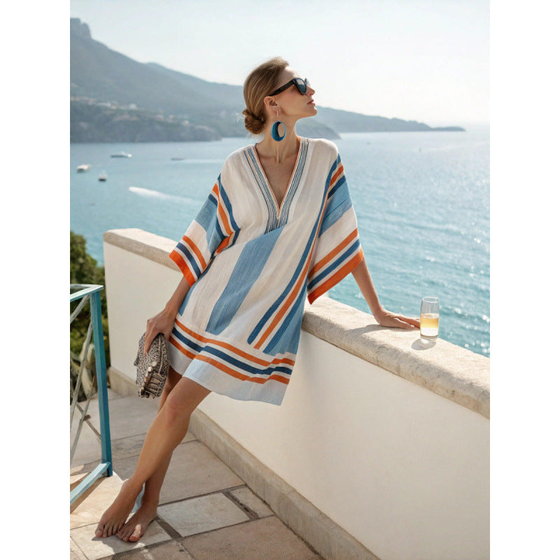 Santorini Escape | Geometric Embroidered V-Neck Resort Midi Dress